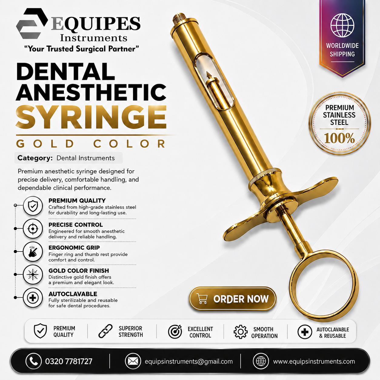 Dental Anesthetic Syringe Self-Aspirating CW Type 1.8ML - CW Aspirating Syringe - Gold Color Dental Instruments — Dental Instruments by EQUIPES Instruments