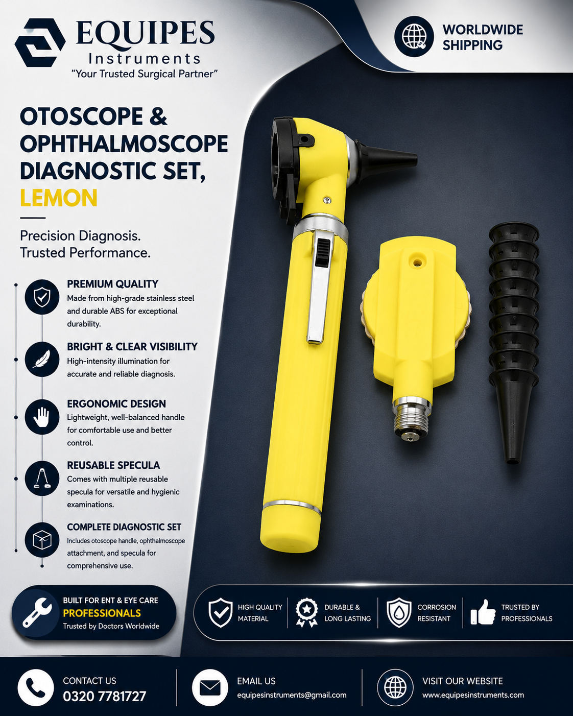 FIBER OPTIC LED POCKET OTOSCOPE & OPHTHALMOSCOPE DIAGNOSTIC SET - LEMON — ENT Instruments by EQUIPES Instruments