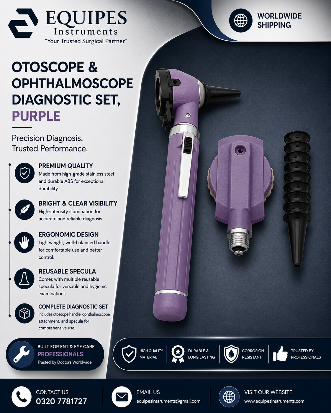 FIBER OPTIC LED POCKET OTOSCOPE & OPHTHALMOSCOPE DIAGNOSTIC SET - PURPLE — ENT Instruments by EQUIPES Instruments