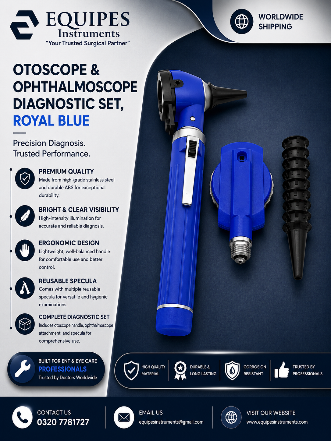FIBER OPTIC LED POCKET OTOSCOPE & OPHTHALMOSCOPE DIAGNOSTIC SET - ROYAL BLUE — ENT Instruments by EQUIPES Instruments