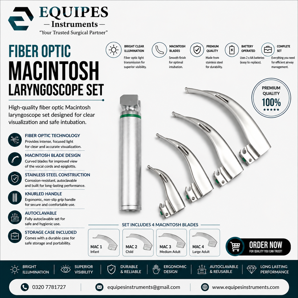 FIBER OPTIC MACINTOSH LARYNGOSCOPE SET — ENT Instruments by EQUIPES Instruments