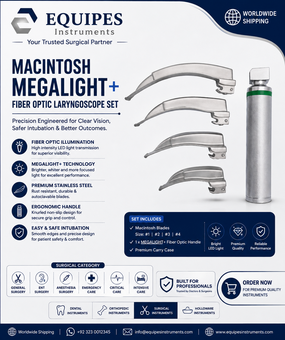 Macintosh MEGALIGHT+ Fiber Optic Laryngoscope Set — ENT Instruments by EQUIPES Instruments