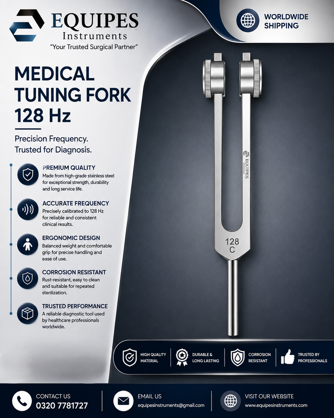 Medical Tuning Fork 128 Hz — ENT Instruments by EQUIPES Instruments