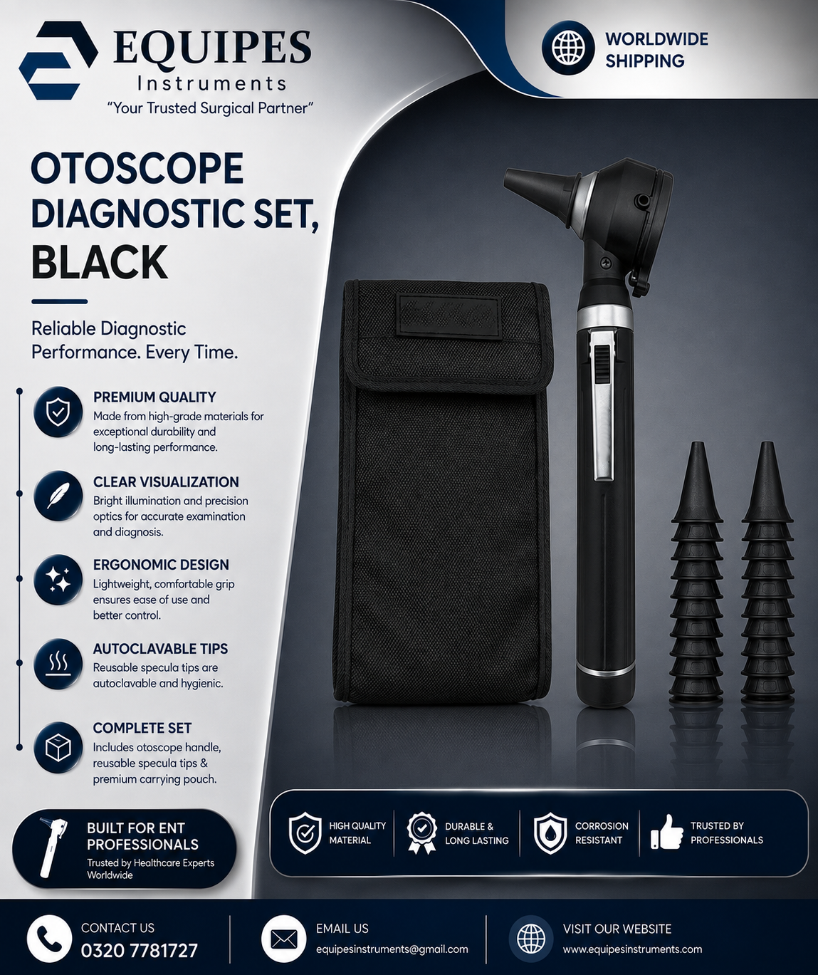 Physician Fiber Optic LED Pocket Otoscope Diagnostic Set, Black — ENT Instruments by EQUIPES Instruments