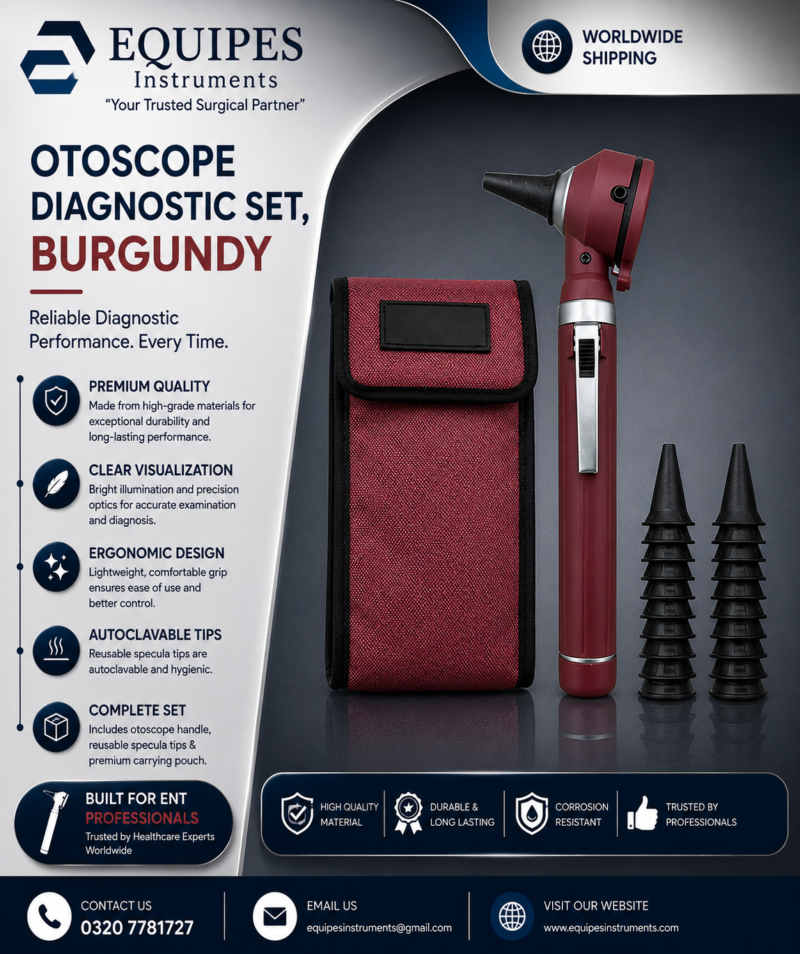 Physician Fiber Optic LED Pocket Otoscope Diagnostic Set, Burgundy — ENT Instruments by EQUIPES Instruments