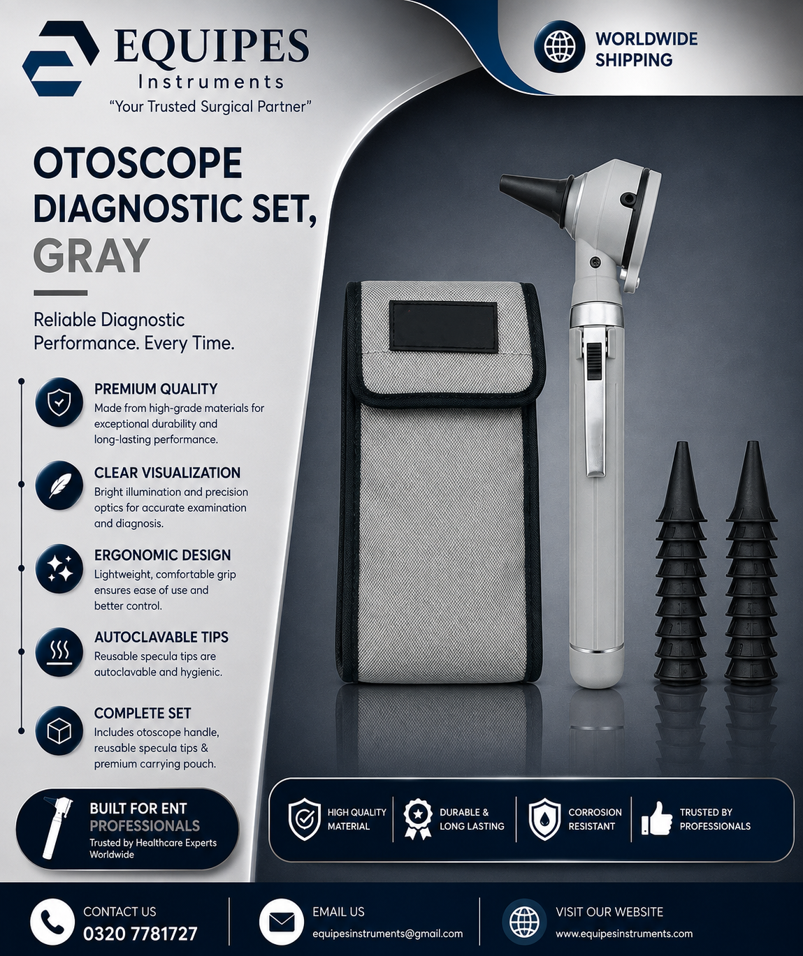 Physician Fiber Optic LED Pocket Otoscope Diagnostic Set, Gray — ENT Instruments by EQUIPES Instruments