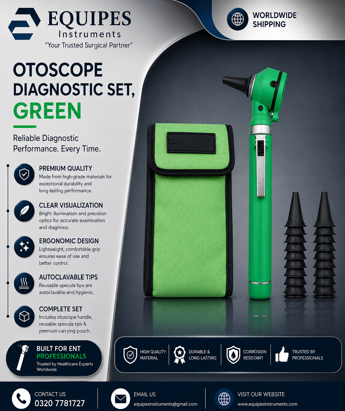 Physician Fiber Optic LED Pocket Otoscope Diagnostic Set, Green — ENT Instruments by EQUIPES Instruments