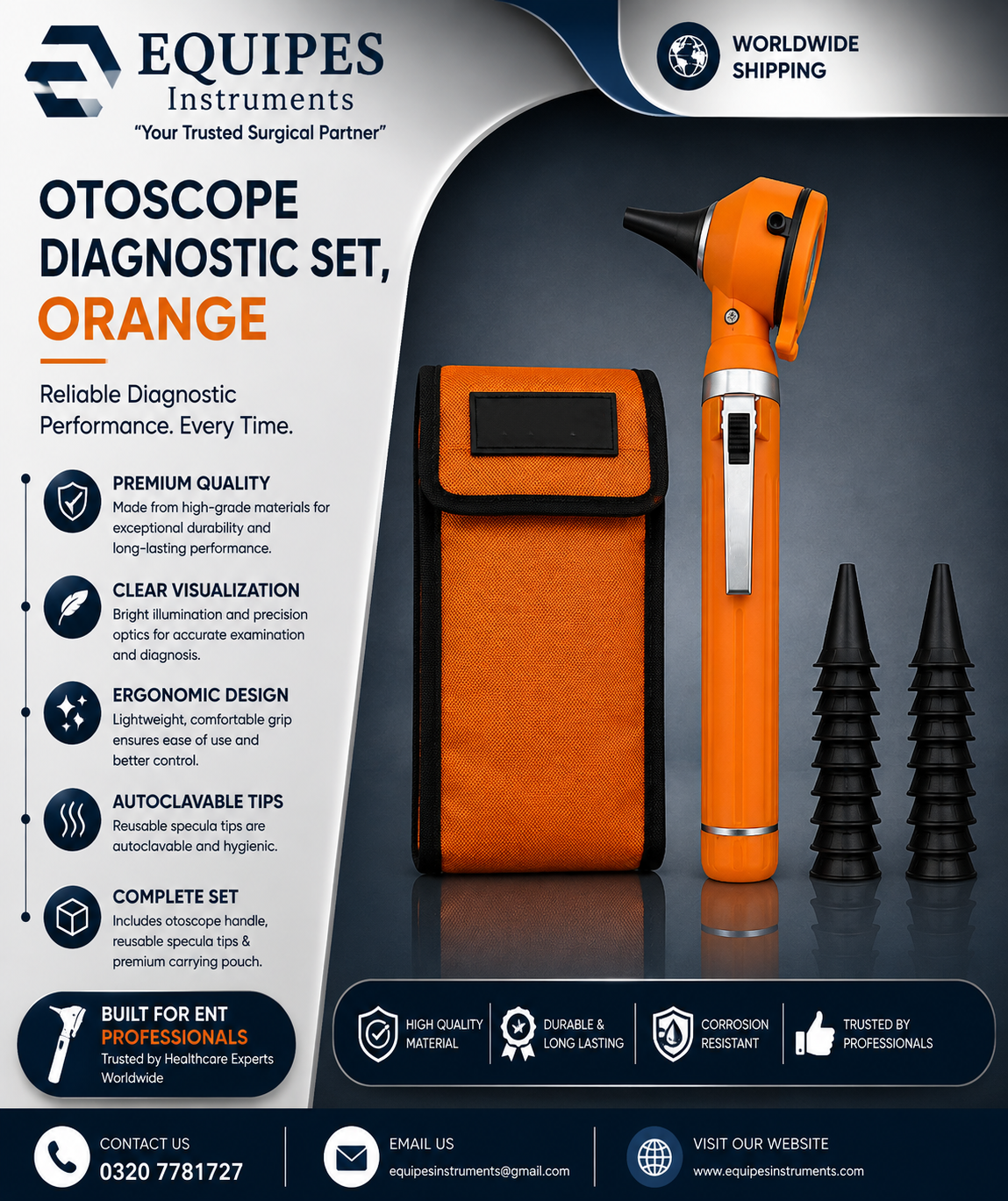 Physician Fiber Optic LED Pocket Otoscope Diagnostic Set, Orange — ENT Instruments by EQUIPES Instruments