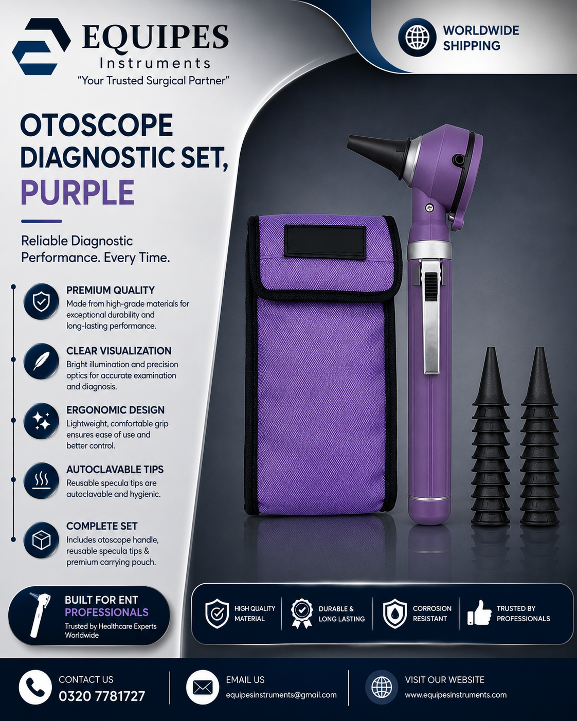 Physician Fiber Optic LED Pocket Otoscope Diagnostic Set, Purple — ENT Instruments by EQUIPES Instruments