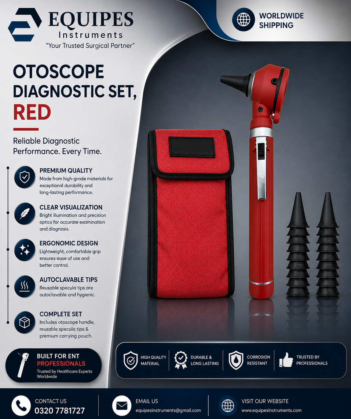 Physician Fiber Optic LED Pocket Otoscope Diagnostic Set, Red — ENT Instruments by EQUIPES Instruments